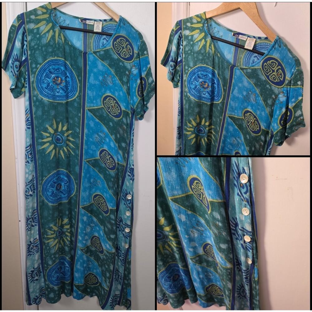 Vintage 90’s La Cera Blue Green Celestial Tropical Midi Patio Dress Sz M Boho